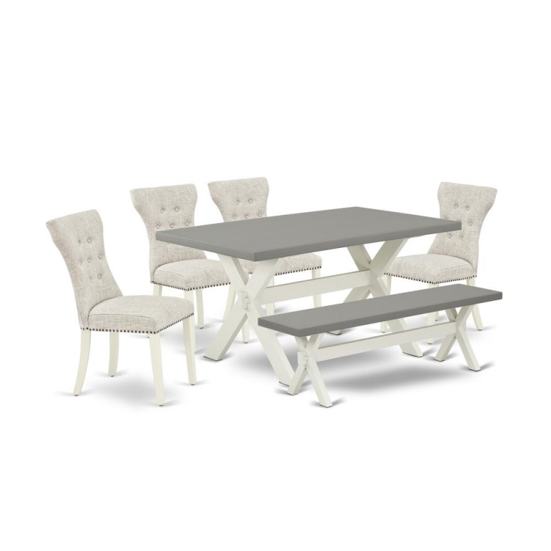 East West Furniture 6-Piece Kitchen Dining Room Set- 4 Parson Chairs With Doeskin Linen Fabric Seat And Button Tufted Chair Back - Rectangular Top & Wooden Cross Legs Mid Century Dining Table And Wood