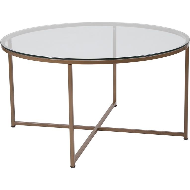 Coffee Table - Clear Glass Accent Table With Crisscross Brushed Gold Frame