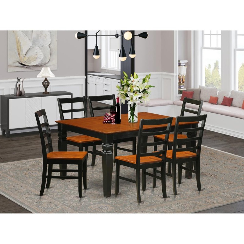 7 Pc Kitchen Table Set With A Dining Table And 6 Wood Dining Chairs In Black