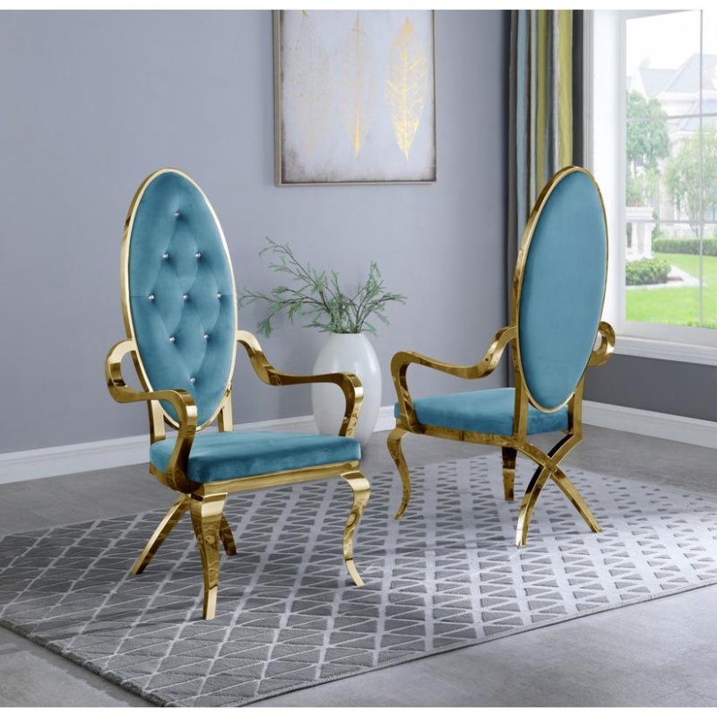 Classic 7Pc Dining Set W/Uph Tufted Side/Arm Chair, Glass Table W/ Gold Spiral Base, Teal