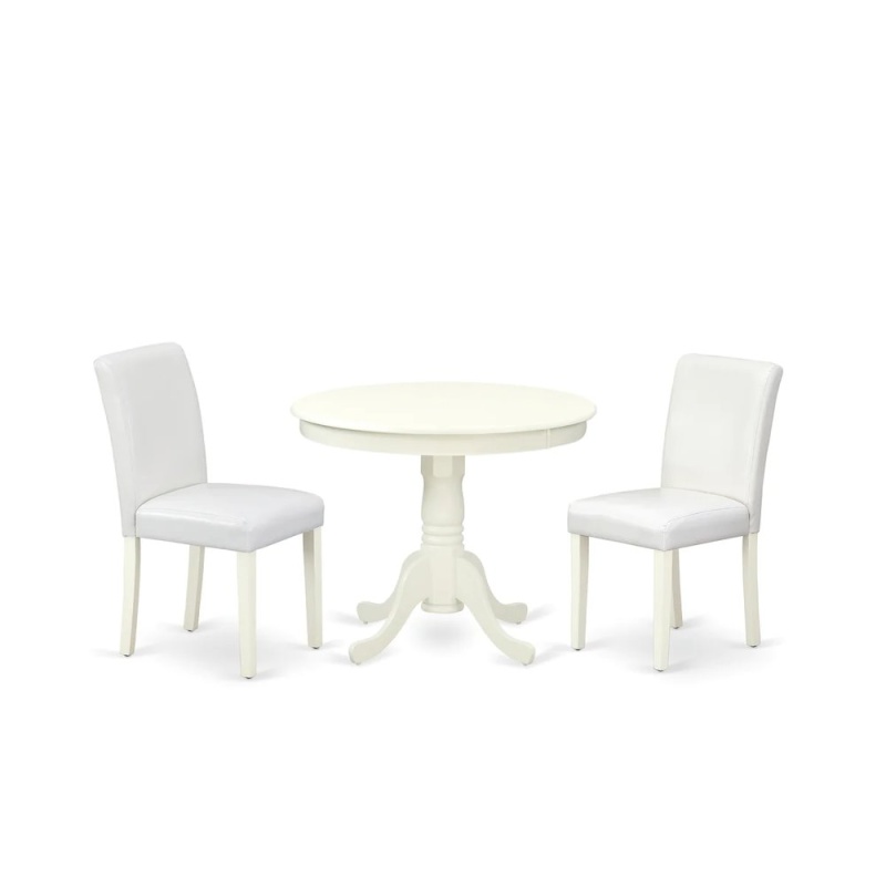3 Piece Modern Dining Table Set Contains A Round Kitchen Table With Pedestal And 2 White Faux Leather Upholstered Chairs, 36X36 Inch, Linen White