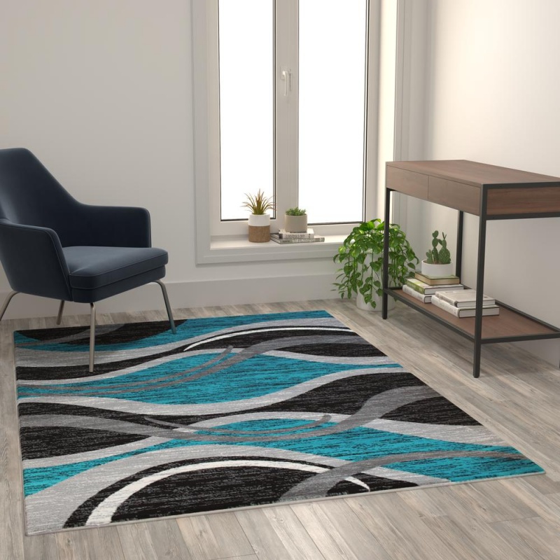 Wisp Collection 5' X 7' Turquoise Rippled Olefin Area Rug With Jute Backing For Entryway, Living Room, Bedroom