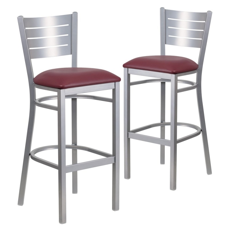 2 Pack Silver Slat Back Metal Barstool - Burgundy Vinyl Seat