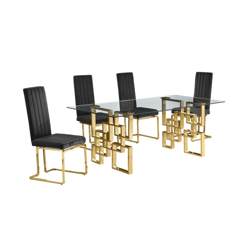 5-Piece Glam Dining Set With 4 Black Chairs And One 79" Glass Table