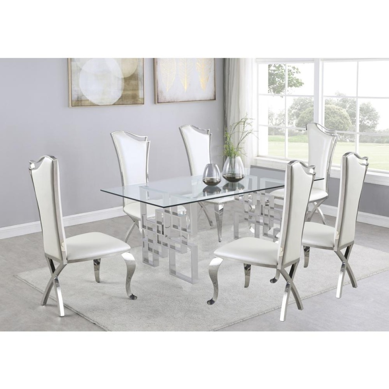 7-Piece Dining Set With Stainless Steel-Legged Dining Chairs In White Faux Leather