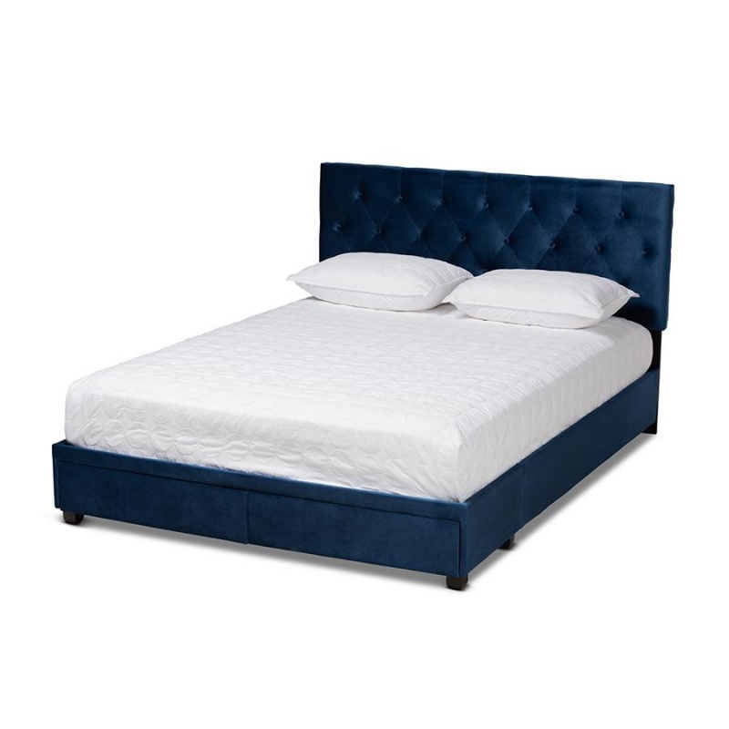 Baxton Studio Caronia Modern And Contemporary Navy Blue Velvet Fabric Upholstered 2-Drawer Queen Size Platform Storage Bed