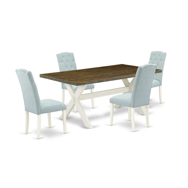 East West Furniture X077ce215-5 5-Piece Dining Room Set- 4 Dining Chair With Baby Blue Linen Fabric Seat And Button Tufted Chair Back - Rectangular Table Top & Wooden Cross Legs - Distressed Jacobean