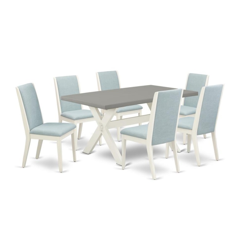 East West Furniture X096la015-7 7Pc Modern Dining Table Set Includes A Dinette Table And 6 Parson Chairs With Baby Blue Color Linen Fabric, Medium Size Table With Full Back Chairs, Wirebrushed Linen w