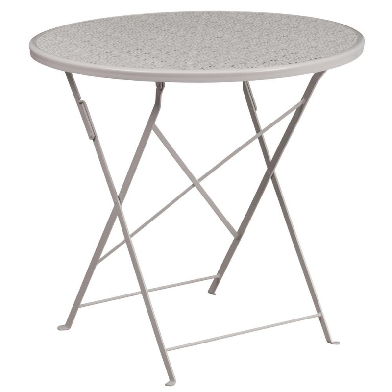 Commercial Grade 30" Round Light Gray Indoor-Outdoor Steel Folding Patio Table Set With 2 Square Back Chairs