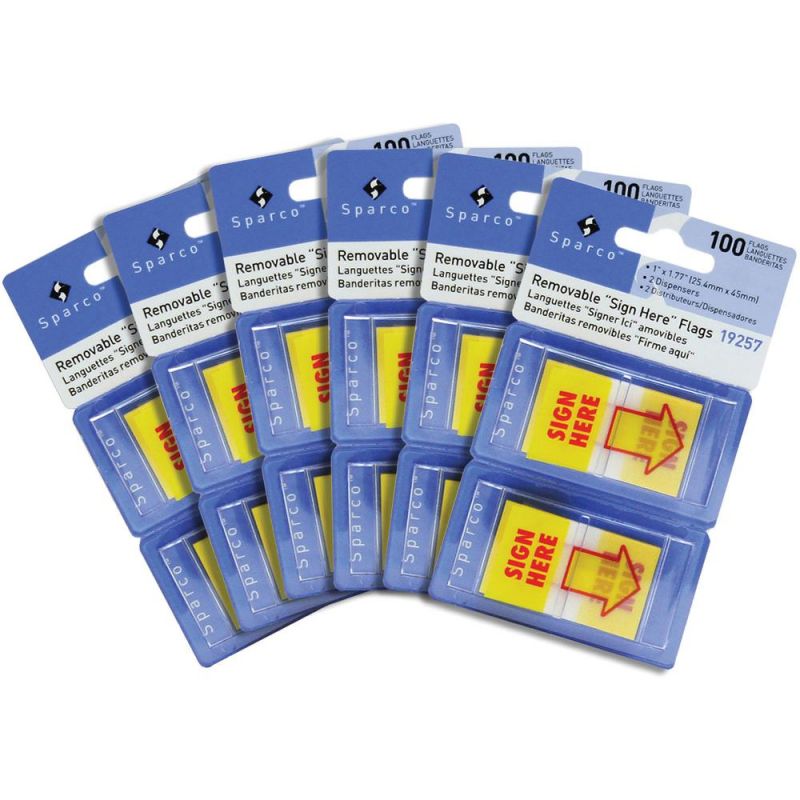 Sparco Pop-Up Sign Here Flags In Dispenser - Yellow - Self-Stick - 600 / Box