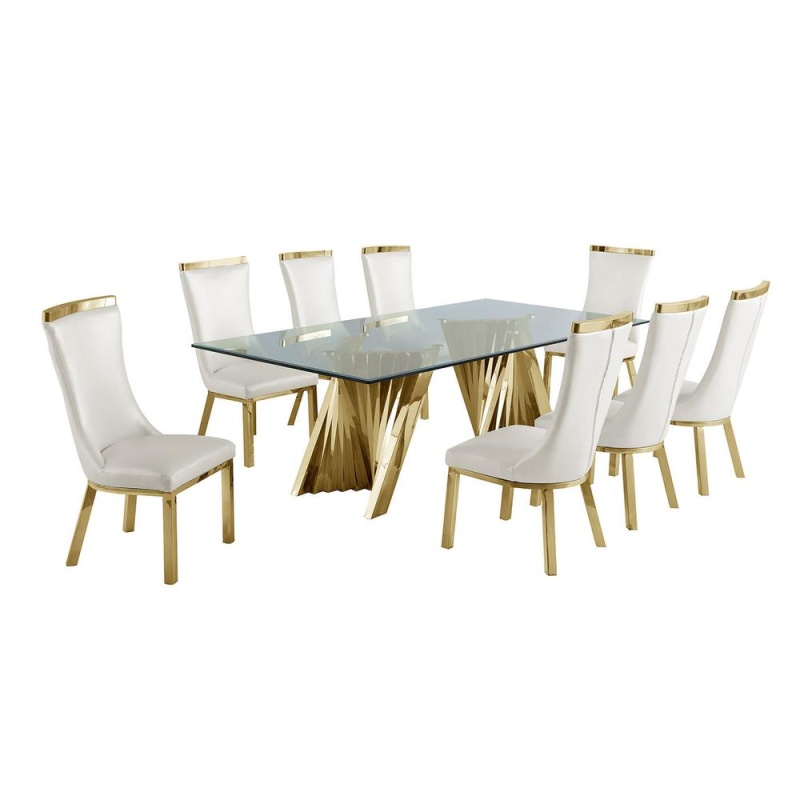 9Pc Dining Set- Recatngle Glass Table With Gold Color Base And White Faux Leather Chairs