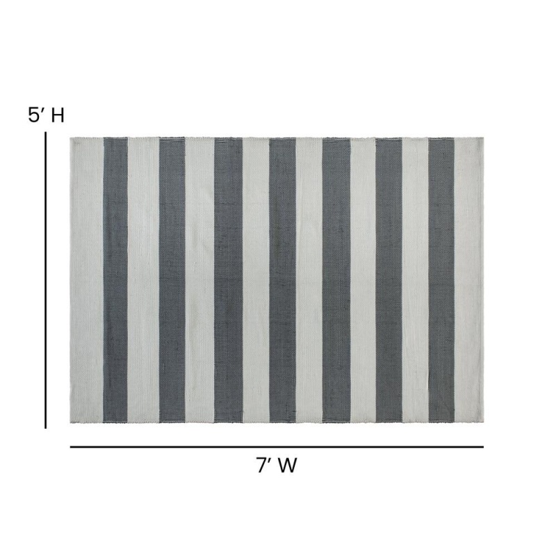 5' X 7' Grey & White Striped Handwoven Indoor/Outdoor Cabana Style Stain Resistant Area Rug
