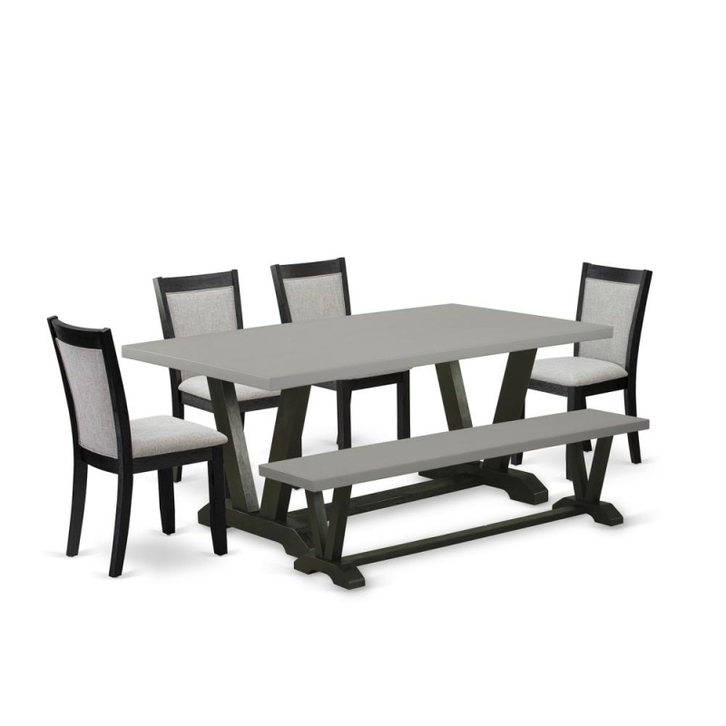 East West Furniture 6 Piece Modern Dining Set - Cement Top Dinning Table With A Kitchen Bench And 4 Shitake Linen Fabric Upholstered Parson Chairs - Wire Brushed Black Finish