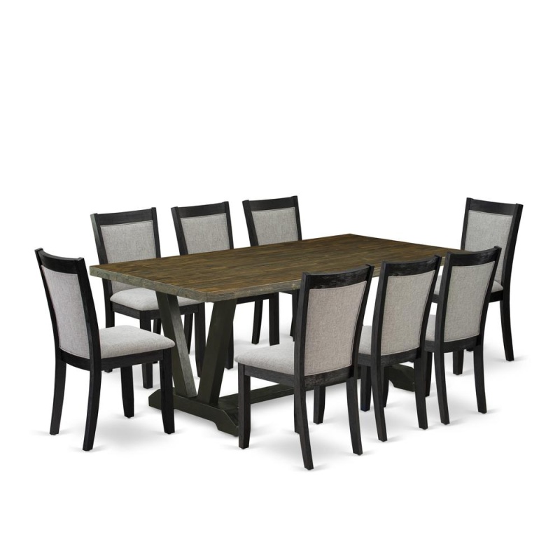 East West Furniture 9 Piece Kitchen Table Set - A Distressed Jacobean Top Wood Table With Trestle Base And 8 Shitake Linen Fabric Modern Dining Chairs - Wire Brushed Black Finish