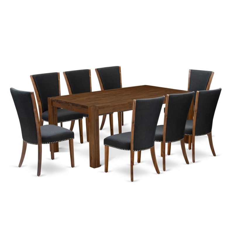 East West Furniture Lmve9-N8-24 9Pc Dinette Set Contains A Wood Table And 8 Parsons Dining Chairs With Black Color Linen Fabric, Sand Blasting Antique Walnut Finish