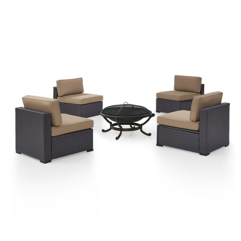 Biscayne 5Pc Outdoor Wicker Sectional Set W/Fire Pit Mocha/Brown - 4 Armless Chairs, Ashland Firepit