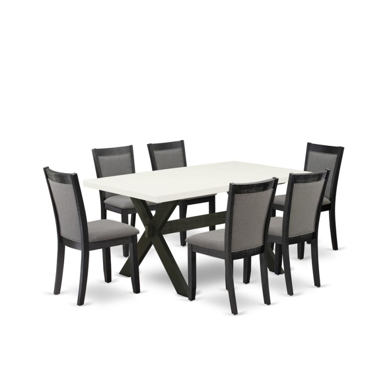 X626mz650-7 7 Pc Dining Set - Linen White Dining Table With 6 Dark Gotham Grey Chairs - Wire Brushed Black Finish