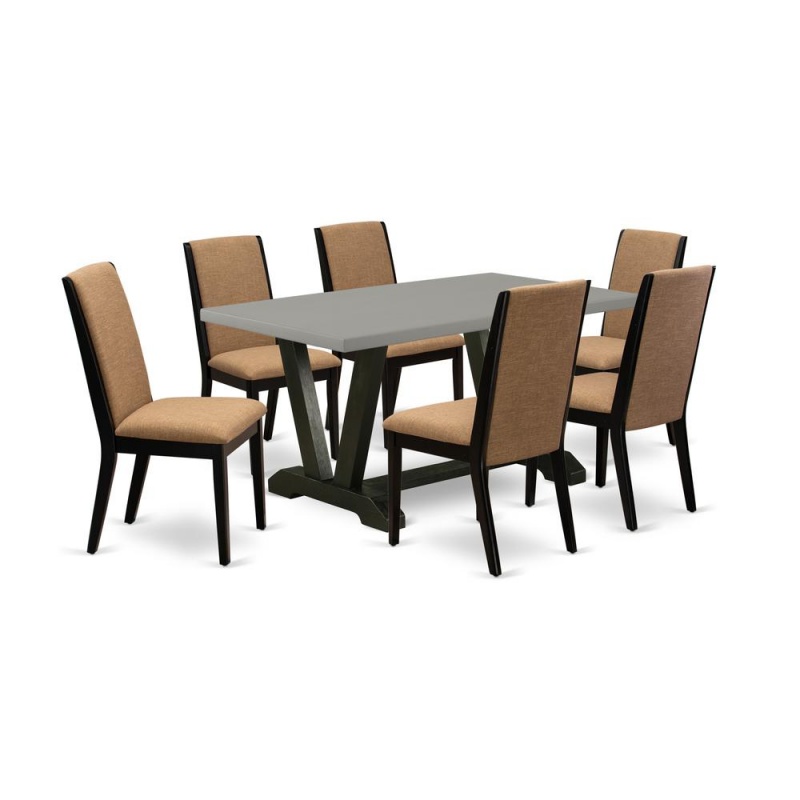 East West Furniture V696la147-7 7-Piece Amazing Dining Room Table Set An Excellent Cement Color Wood Table Top And 6 Gorgeous Linen Fabric Dining Room Chairs With Stylish Chair Back, Wire Brushed Blac