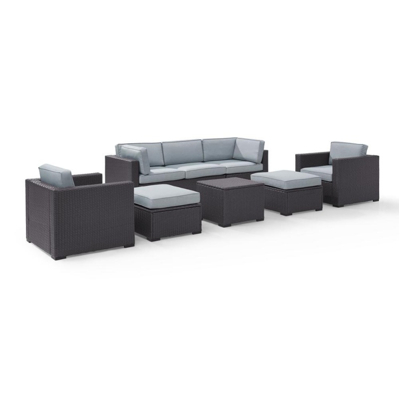 Biscayne 7Pc Outdoor Wicker Sectional Set Mist/Brown - Loveseat, 2 Arm Chairs, Corner Chair, Coffee Table, 2 Ottomans