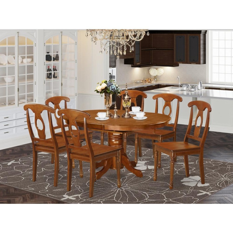 7 PC Dining Table Set with Leaf and 6 Wood Kitchen Chairs in Saddle ...