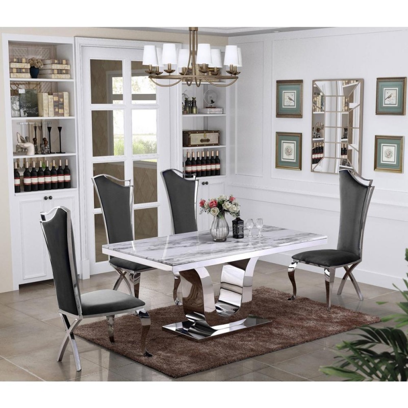 White Marble 5Pc Set Non-Tufted Stainless Steel Chairs In Dark Grey Velvet