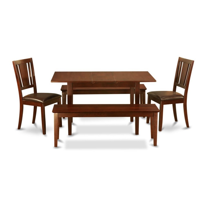 5 Pc Small Kitchen Table Set with Leaf, 2 Chairs and 2 Benches