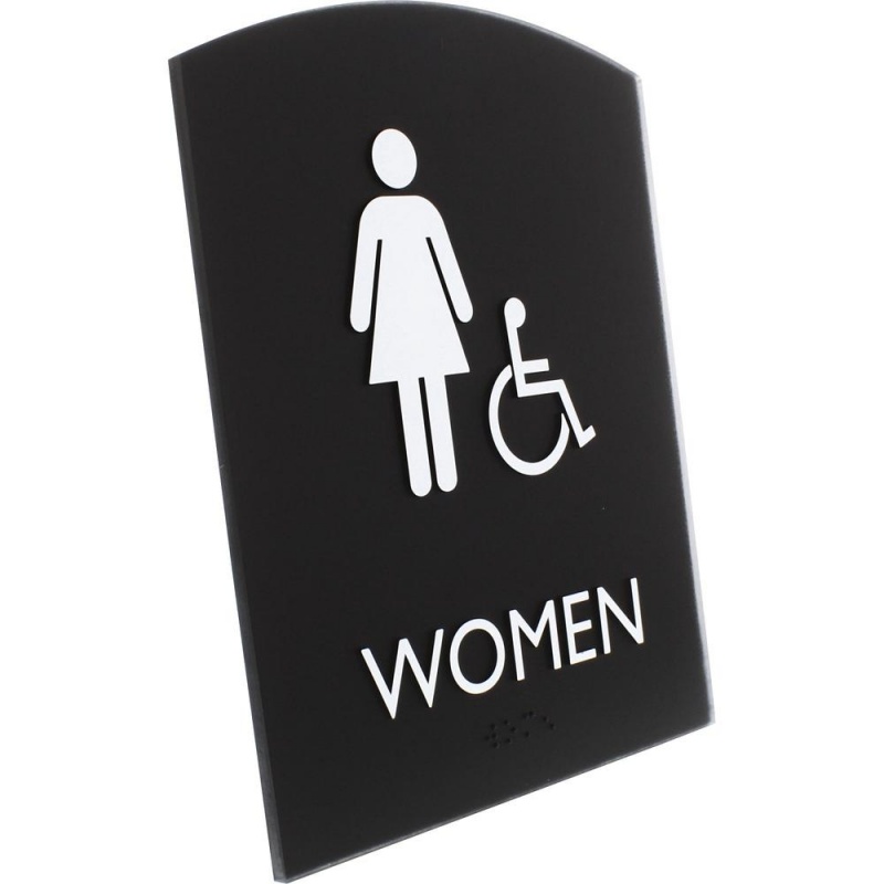 Lorell Restroom Sign - 1 Each - Women Print/Message - 6.8" Width X 8.5" Height - Rectangular Shape - Easy Readability, Braille - Plastic - Black