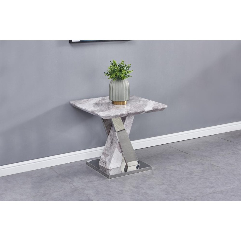 White Faux Marble Coffee Table Set: Coffee Table, 2 End Tables, Console Table W/Stainless Steel X-Base