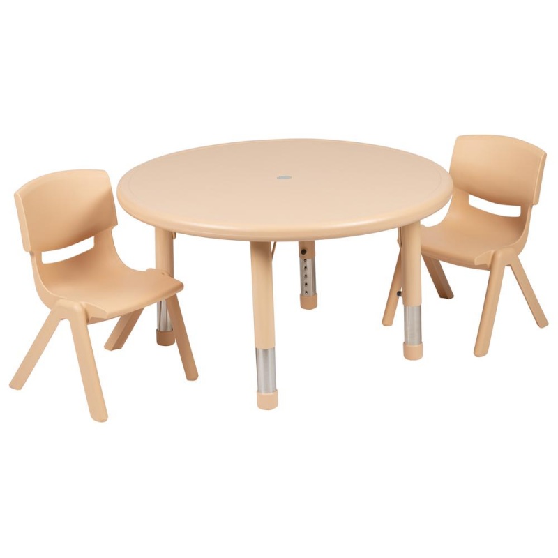 33" Round Natural Plastic Height Adjustable Activity Table Set With 2 Chairs