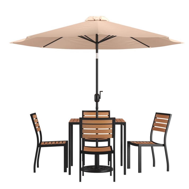 7 Piece All-Weather Deck Or Patio Set With 4 Stacking Faux Teak Chairs, 35" Square Faux Teak Table, Tan Umbrella & Base