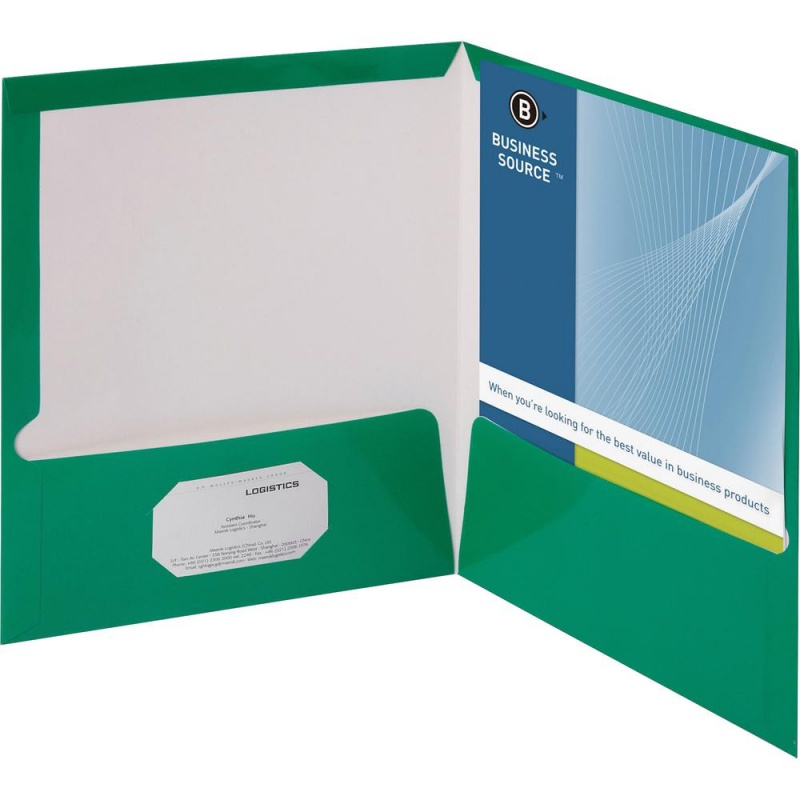 Business Source Letter Pocket Folder - 8 1/2" X 11" - 100 Sheet Capacity - 2 Internal Pocket(S) - Card Paper - Green - 25 / Box