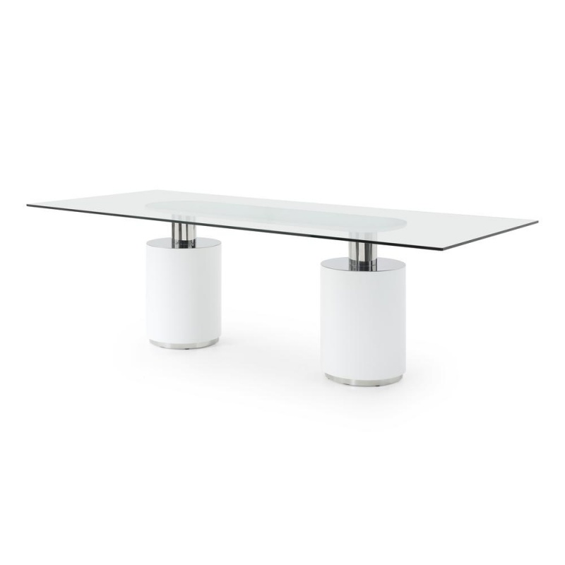 Mandarin Dining Table, 12Mm Clear Tempered Glass Top, Polished Stainless Steel Connector, Matt White Bases