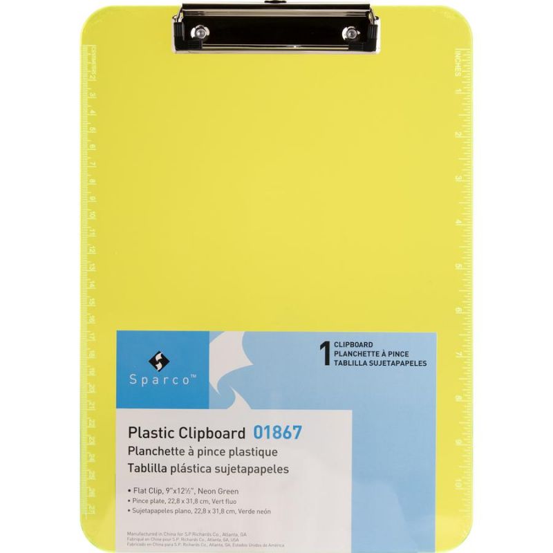 Business Source Flat Clip Plastic Clipboard - 9" X 12" - Low-Profile - Plastic - Neon Green - 6 / Bundle
