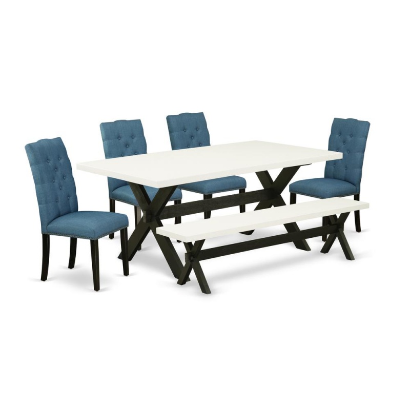 East West Furniture X627el121-6 6-Piece Stylish Dining Set A Superb Linen White Color Kitchen Table Top And Linen White Color Wood Bench And 4 Wonderful Linen Fabric Dining Chairs With Nail Heads And