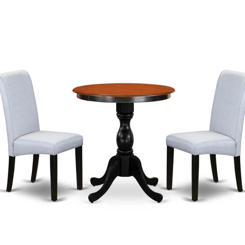East West Furniture 3-Piece Dinner Table Set Include A Dining Table And 2 Grey Linen Fabric Padded Chairs With Stylish High Back - Black Finish