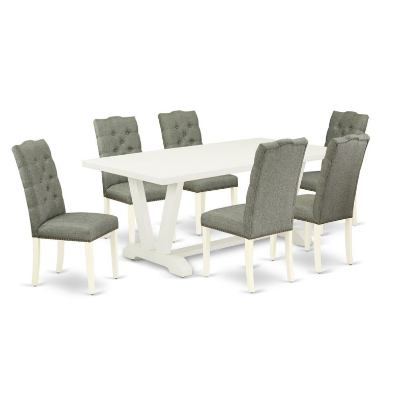 East West Furniture 7-Pc Modern Dining Table Set- 6 Parson Chairs With Smoke Linen Fabric Seat And Button Tufted Chair Back - Rectangular Table Top & Wooden Legs - Linen White Finish