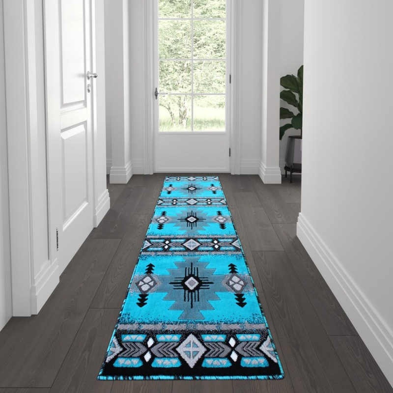 Mohave Collection 2' X 7' Turquoise Traditional Southwestern Style Area Rug - Olefin Fibers With Jute Backing