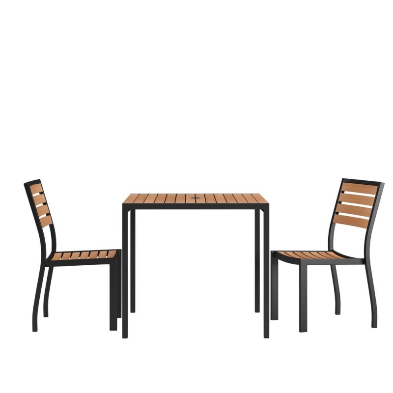 3 Piece Patio Table Set - Synthetic Teak Poly Slats - 35" Square Steel Framed Table With 2 Stackable Faux Teak Chairs