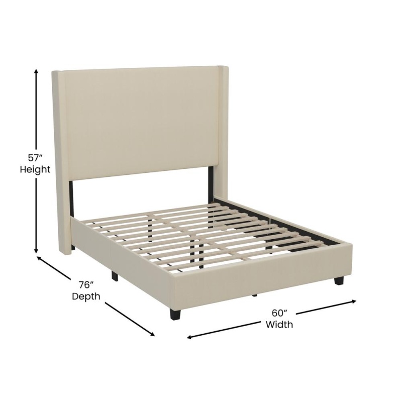 Quinn Full Upholstered Platform Bed With Channel Stitched Wingback Headboard, Mattress Foundation With Slatted Supports, No Box Spring Needed, Beige