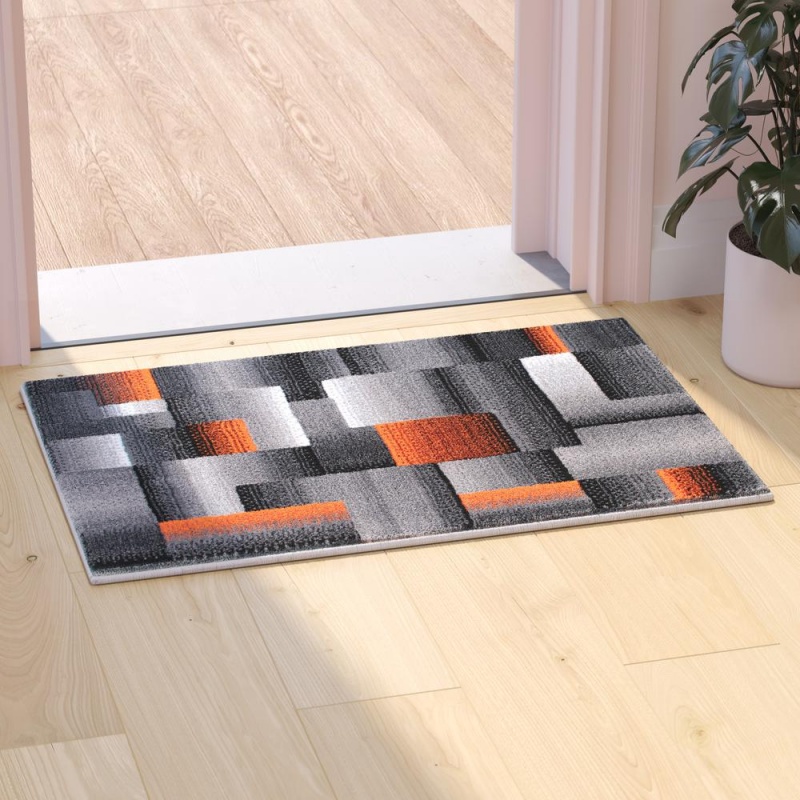 Elio Collection 2' X 3' Orange Color Blocked Area Rug - Olefin Rug With Jute Backing - Entryway, Living Room, Or Bedroom