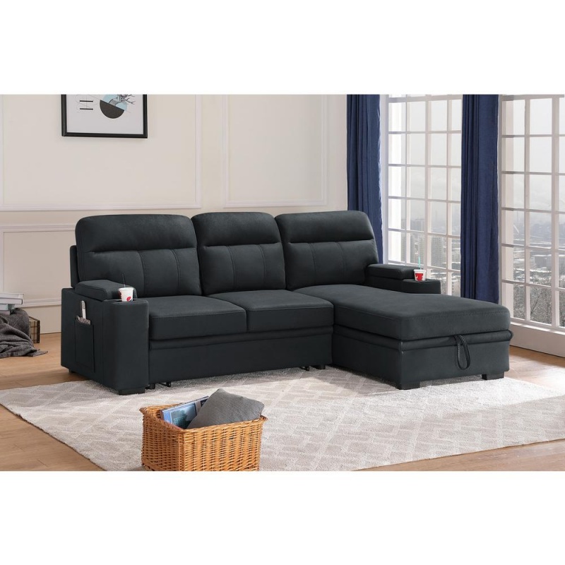 Kaden Black Fabric Sleeper Sectional Sofa Chaise With Storage Arms And Cupholder