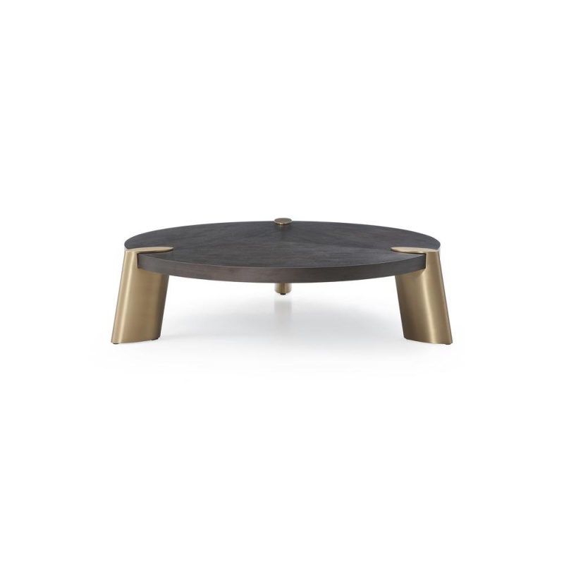 Mimeo Round Coffee Table, Wengee Veneer Top, Brushed Stainless Steel In Brass