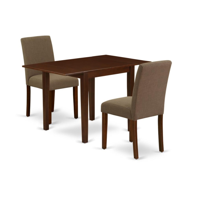 1Ndab3-Mah-18 Modern Dining Table Set 3 Pc - Two Parson Chairs And A Dining Room Table - Mahogany Finish Wood - Coffee Color Linen Fabric