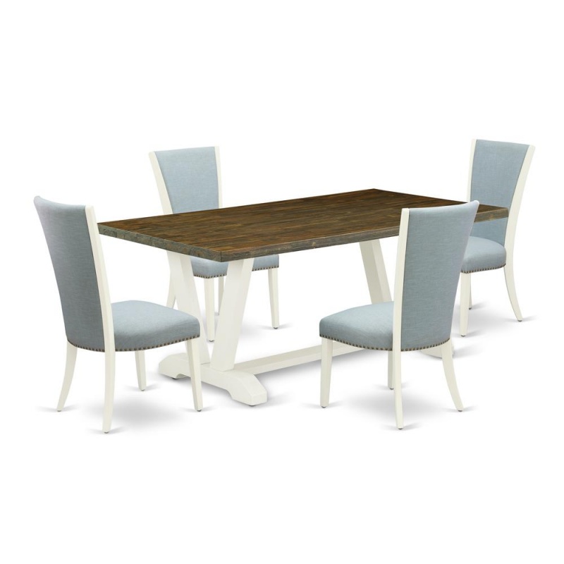 East West Furniture V076ve215-5 5 Piece Mid Century Dining Set - 4 Baby Blue Linen Fabric Kitchen Chair With Nailheads And Distressed Jacobean Wooden Dining Table - Linen White Finish