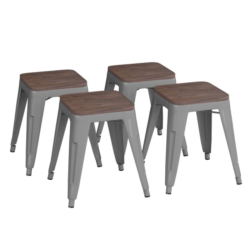 18" Backless Table Height Stool With Wooden Seat, Stackable Silver Metal Indoor Dining Stool, Commercial Grade - Set Of 4