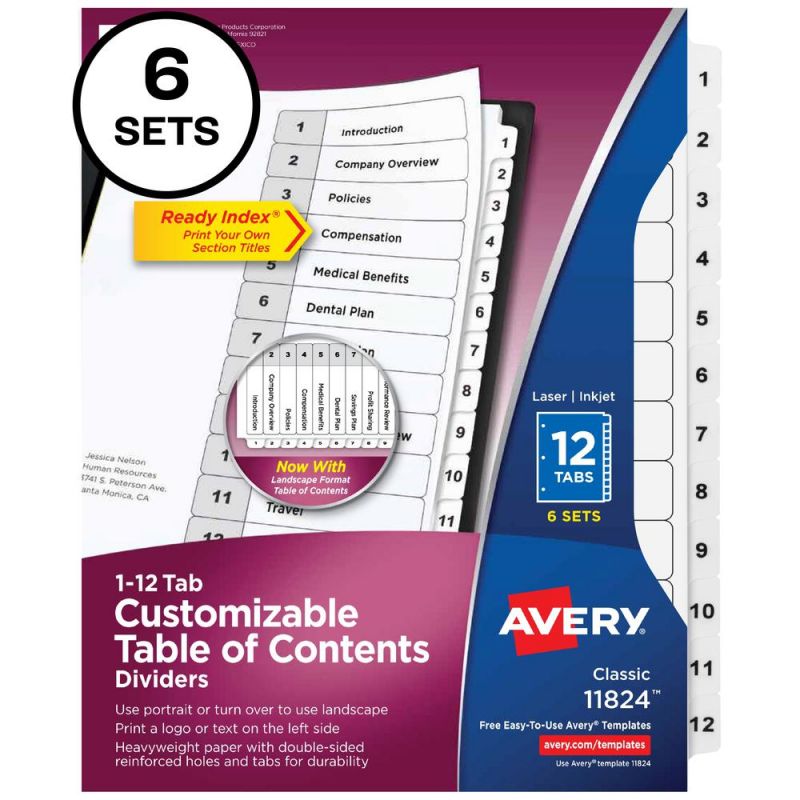 Avery® Ready Index 12-Tab Custom Toc Dividers - 72 X Divider(S) - 1-12, Table Of Contents - 12 Tab(S)/Set - 8.5" Divider Width X 11" Divider Length - 3 Hole Punched - White Paper Divider - White p