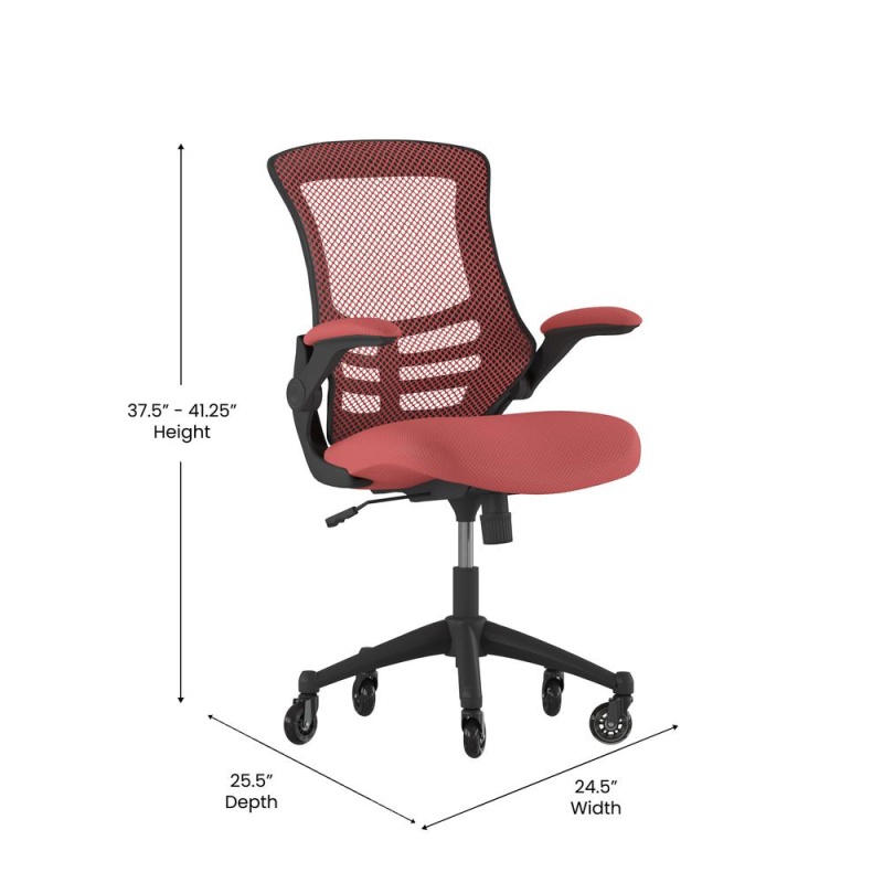 Kelista Mid-Back Red Mesh Swivel Ergonomic Task Office Chair With Flip-Up Arms And Transparent Roller Wheels