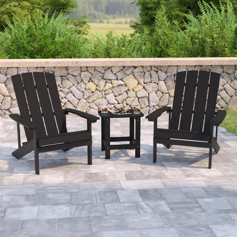 2 Pack Charlestown All-Weather Poly Resin Wood Adirondack Chairs With Side Table In Black