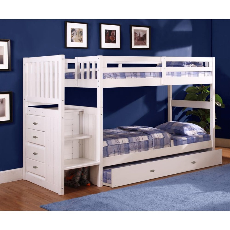 Os Home And Office Furniture Model Solid Pine Mission Staircase Twin Over Twin Bunk Bed With Four Drawer Chest And A Roll Out Twin Trundle Bed In Casual White