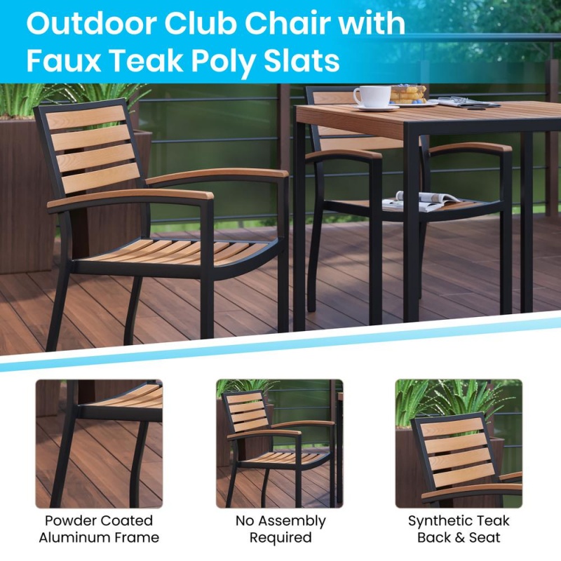 Indoor/Outdoor 3 Piece Patio Dining Table Set With 30" Square Faux Teak Table & 2 Stacking Club Chairs With Teak Accented Arms